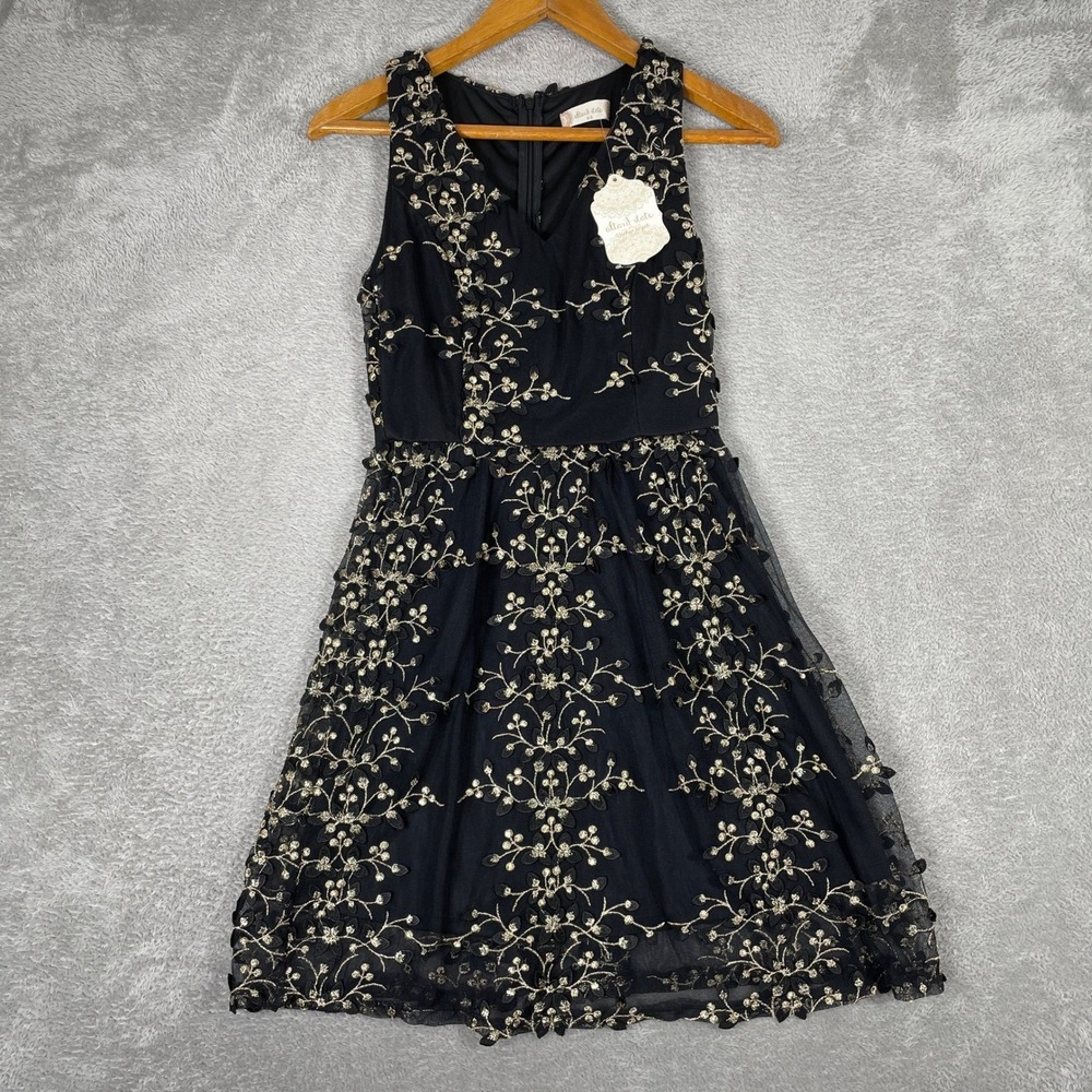 Altar'd State Dress Womens XS Black Gold Floral Embroidered Mesh Sleeveless Prom
